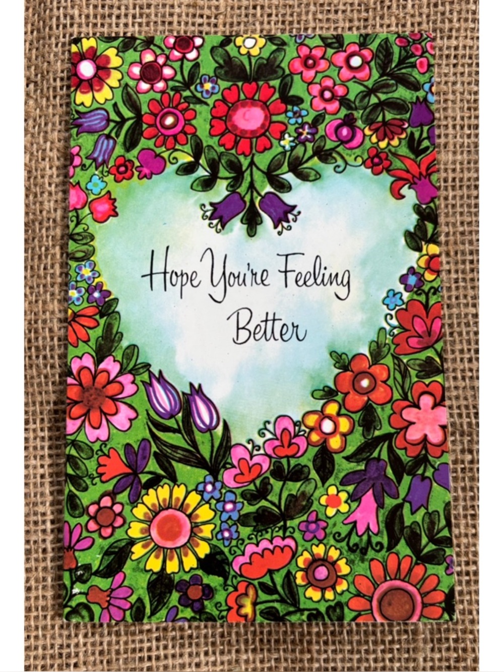 Vintage Fantusy Floral Heart Get Well Card Flower Power Colorful Vibrant Boho